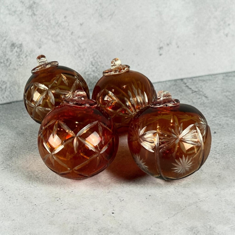 4 Red Amber Glass Christmas Ornaments Hand Cut Geometric Starburst Tree Decor